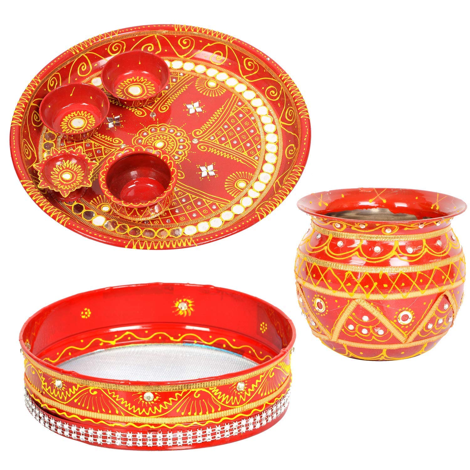 BAISA Stainless Steel Karwa Chauth 7 Pieces Decorative Pooja Thali Set (Red)